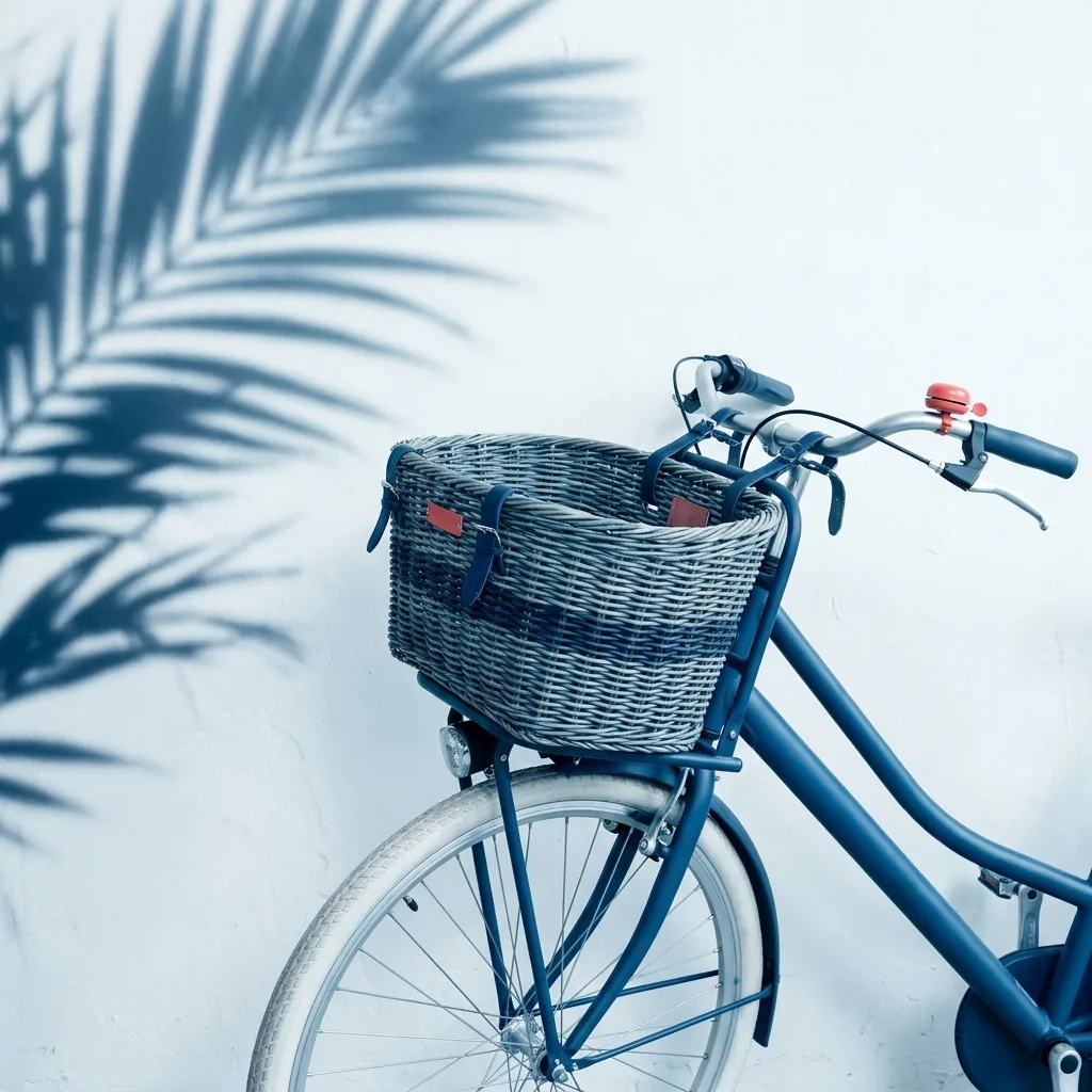 Bicicleta urbana azul mate con cesta delantera apoyada en pared blanca