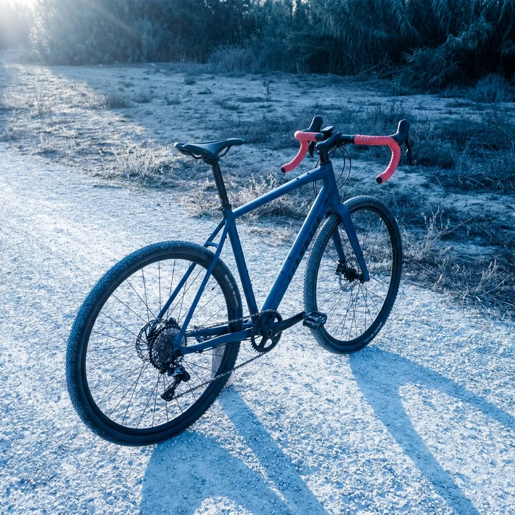 Bicicleta gravel azul con manillar coral sobre camino del antiguo cauce del Turia