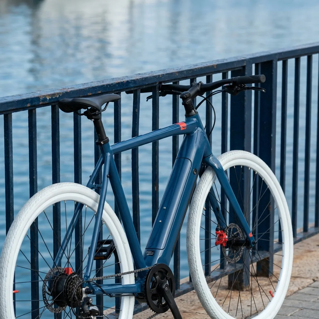 E-bike urbana azul oscuro en barandilla del puerto de Valencia