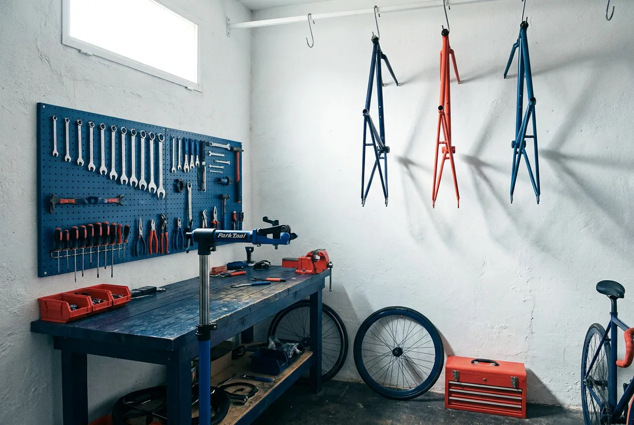 Interior del taller Velorra en el Cabanyal con cuadros colgados y herramientas