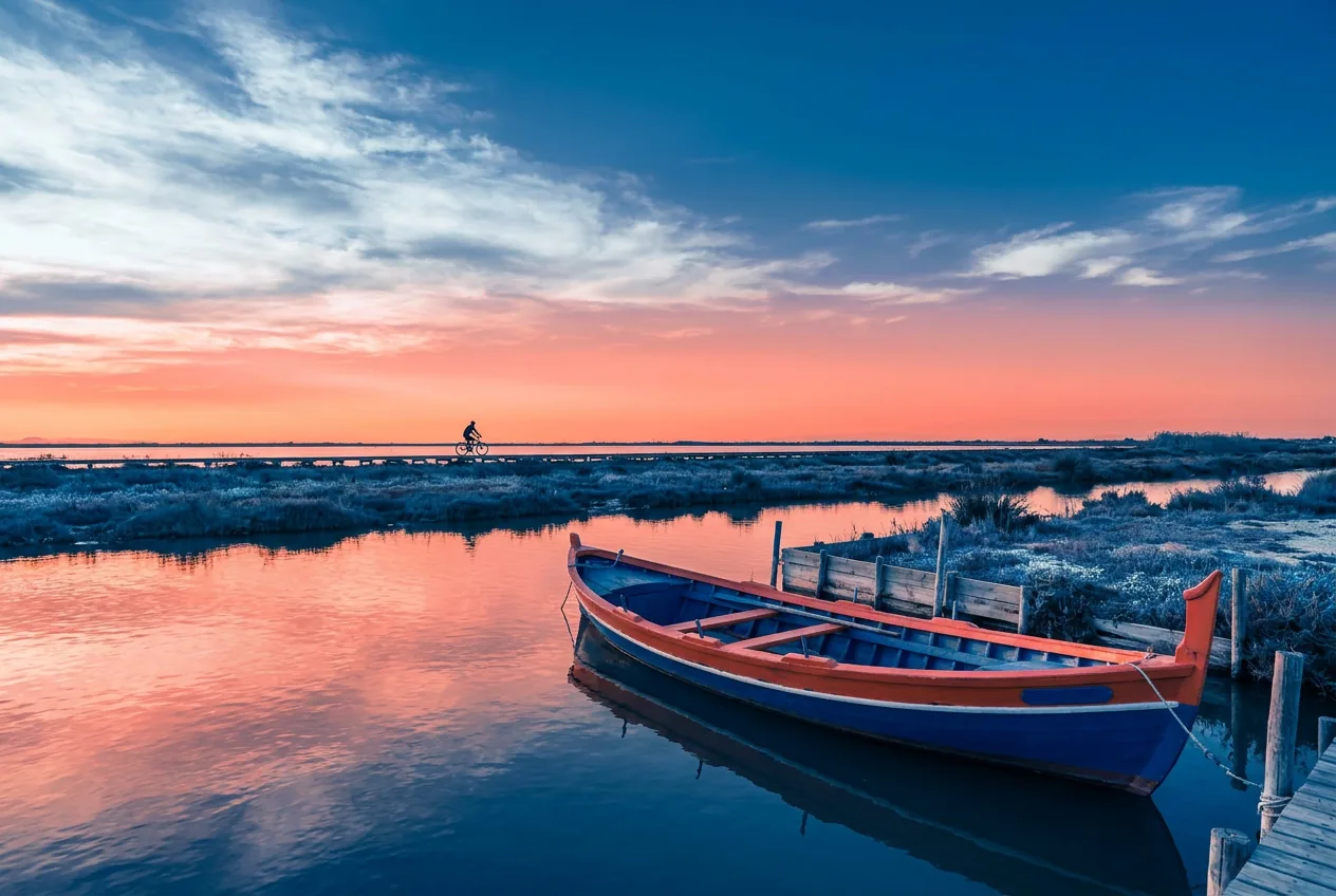 Atardecer en la Albufera con barca albuferenc