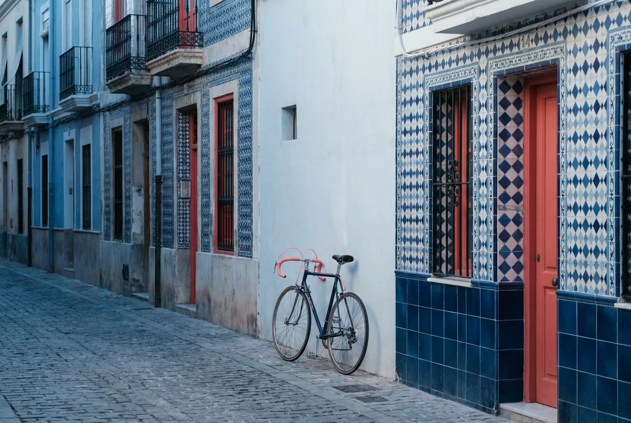 Calle del Cabanyal con fachadas de azulejos azules