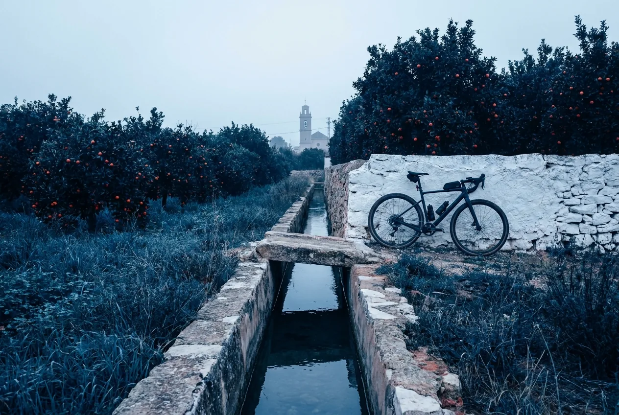Huerta valenciana con bicicleta gravel junto a acequia